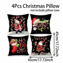 4 st/280 st örngott med jultema, svart bakgrund med jultomten- och polkagrismönster, lämplig för julvardagsrum, sovrum, soffdekoration, 45x45 cm örngott, julfestdekoration, julrestaurangdekoration - Jultomten med käpp på svart bakgrund - Visa 11