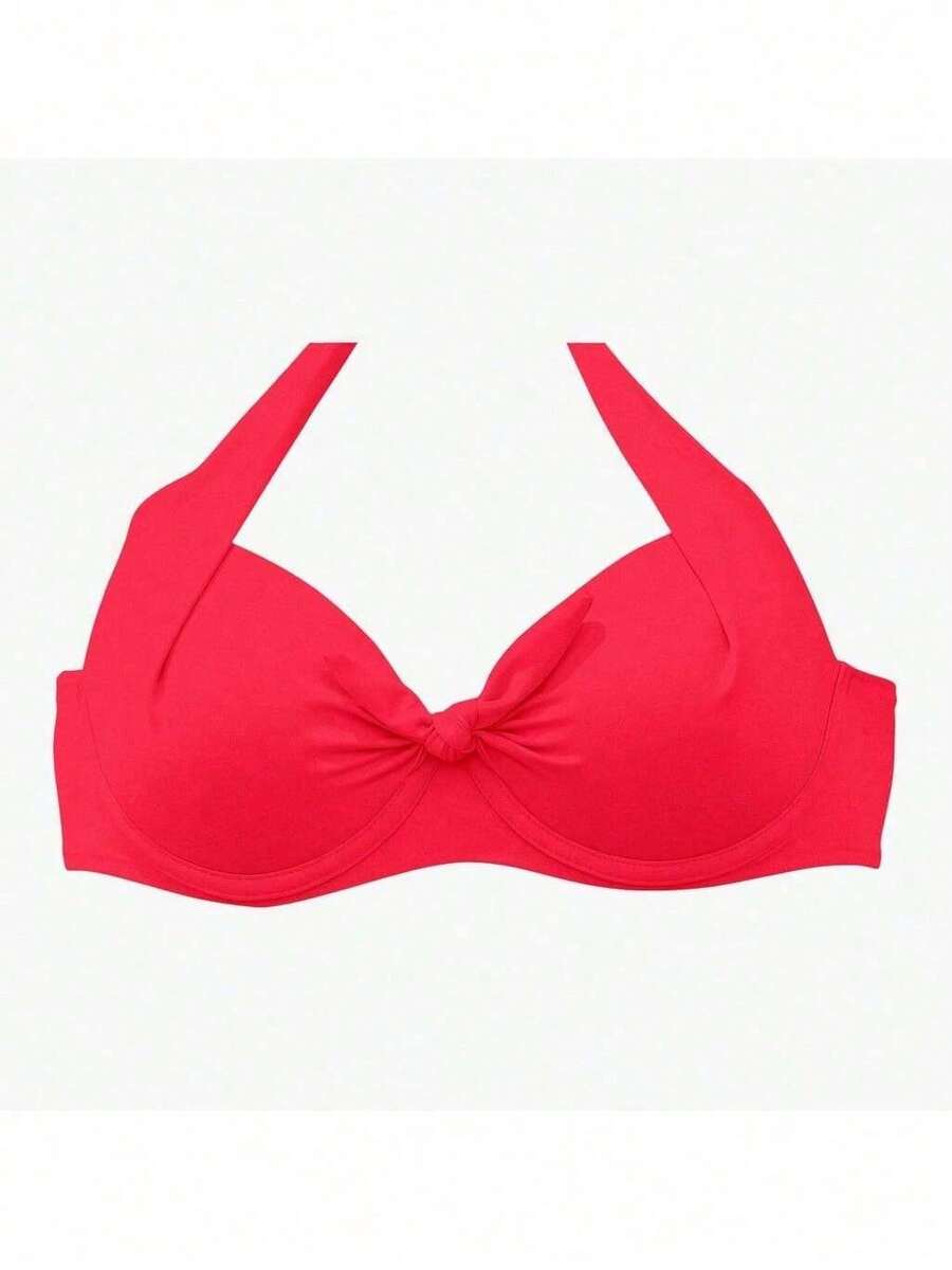 Solid Color Bikini With High Support Knot And Reinforced Cups, Summer Beachwear - 緋紅 - 查看 1