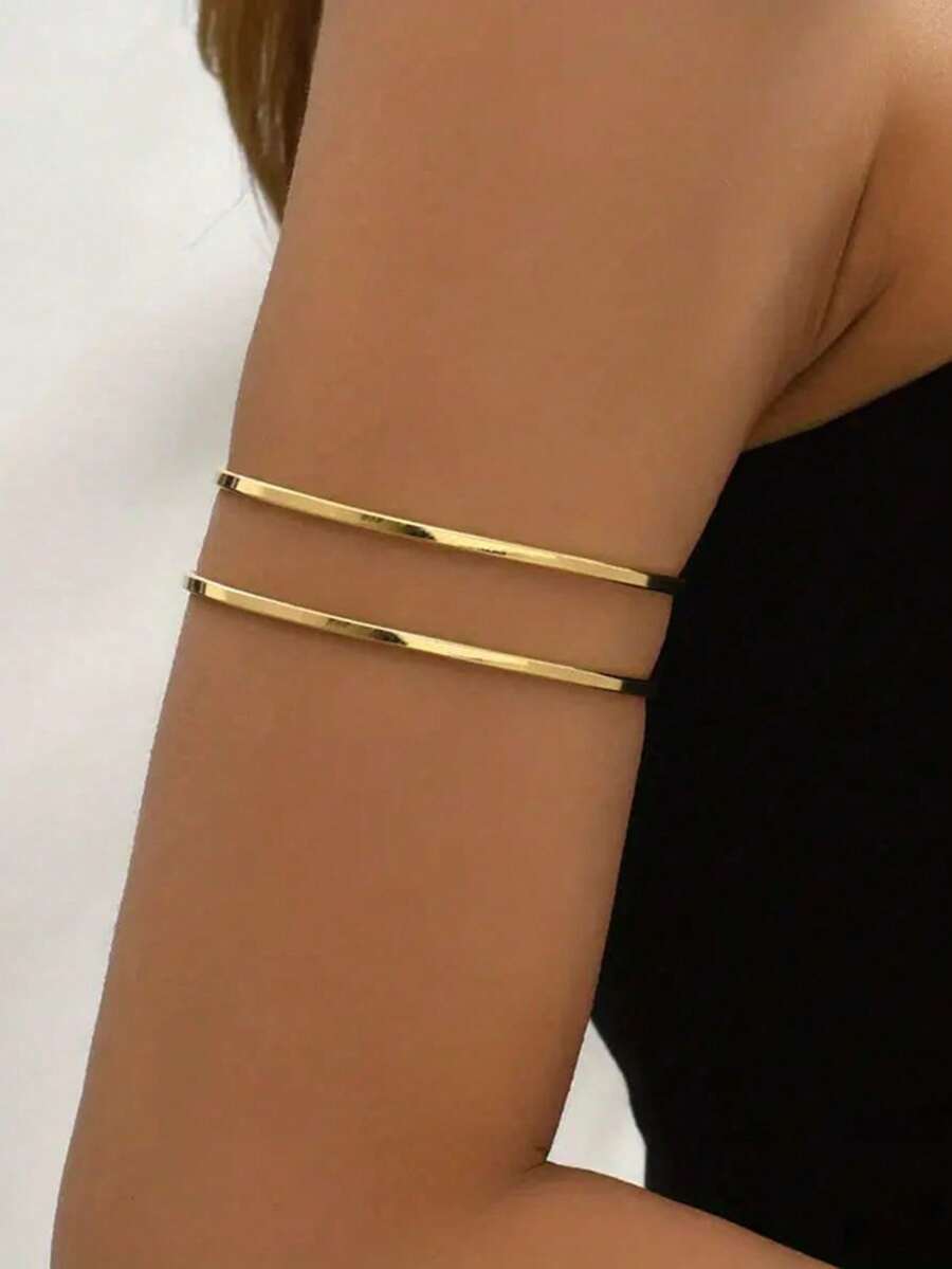1pc Women's Minimalist Geometric Line Open Cuff Bracelet, Gold Color Jewelry For Daily Wear - Gold - View 1