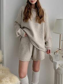 2件套针织卷边毛衣和宽松针织短裤套装，休闲 - 卡其色 - 查看 2