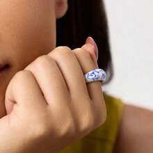 1 件中国风铜镀青花瓷新中式陶瓷波纹戒指首饰配件