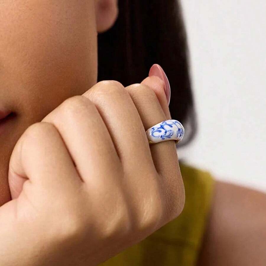 1 件中国风铜镀青花瓷新中式陶瓷波纹戒指首饰配件