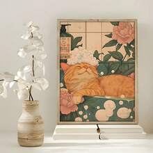 1幅12x16英寸无框帆布海报 - 可爱的橘色虎斑猫在浴缸里放松，搭配日式花卉图案，是浴室、卧室、厨房、客厅、办公室或咖啡馆的完美墙面装饰，也是送给爱猫人士的绝佳礼物。浴室装饰 | 猫咪插画 | 精细的毛发纹理，猫咪主题秋季装饰 - 彩色 - 查看 4