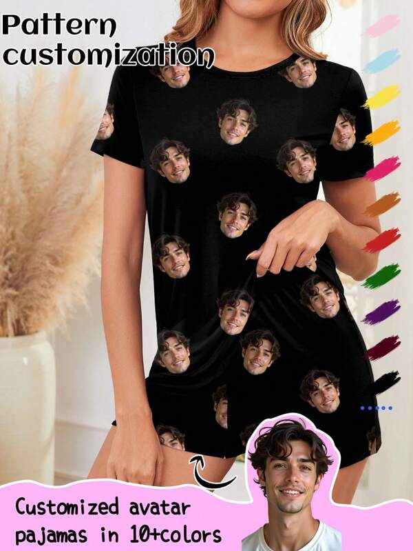 Conjunto de pijama personalizado para mujer, con diseños de retratos grandes únicos, personalizados con los rostros de la pareja, con temática festiva, perro, colorido, lindo, adorable, sobrio, divertido, personalizado, único, personalizado, regalo ideal para él, regalo ideal para ella, novio, novia, familia, amigos, ella