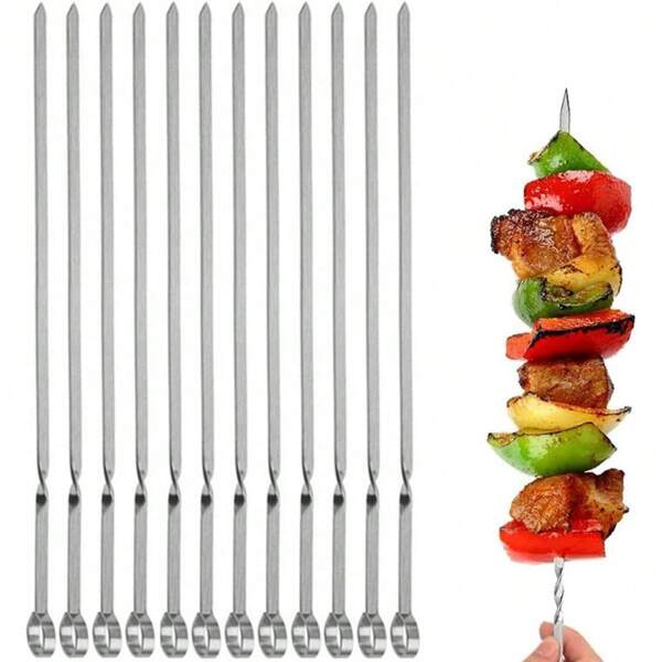 12PCS Kabob Skewers Flat Metal BBQ Barbecue Skewer 14" Long Stainless Steel Shish Kebob Sticks Wide Reusable Grilling Skewers Set For Meat Shrimp Chicken Vegetable, 12 Pack