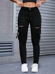 Jeans ajustados con efecto desgastado para mujer - Negro - Ver 2