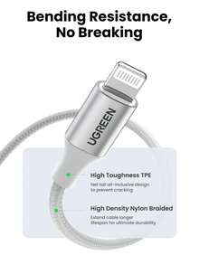 UGREEN 编织 MFi Lightning USB A 转 Lightning 数据线，兼容 充电 Car Play，兼容 14 Pro Max、14 Pro、14 Plus、13 Pro Max、13 Pro、13、12 Pro、12、11、XS、XR、8 Plus、8、7、6、5、SE，兼容 iPad 充电器 MFi 认证 - 銀色 - 查看 7