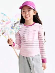 Annil Children's Clothing, Girls, Middle-Aged And Young Children, Teenagers, Round-Neck Long-Sleeved Knitted Sweaters, Sweet And Cool Cut Short Striped T-Shirts, Autumn