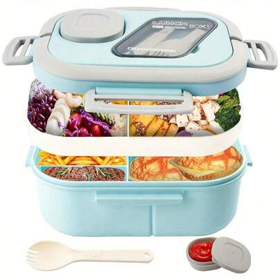 1個 大人用 弁当箱、サラダコンテナ、40.5オンス大容量サラダボウル、弁当式仕切りトレイ、3オンスソースコンテナ、再利用可能なフォークとナイフ付き、学校に最適