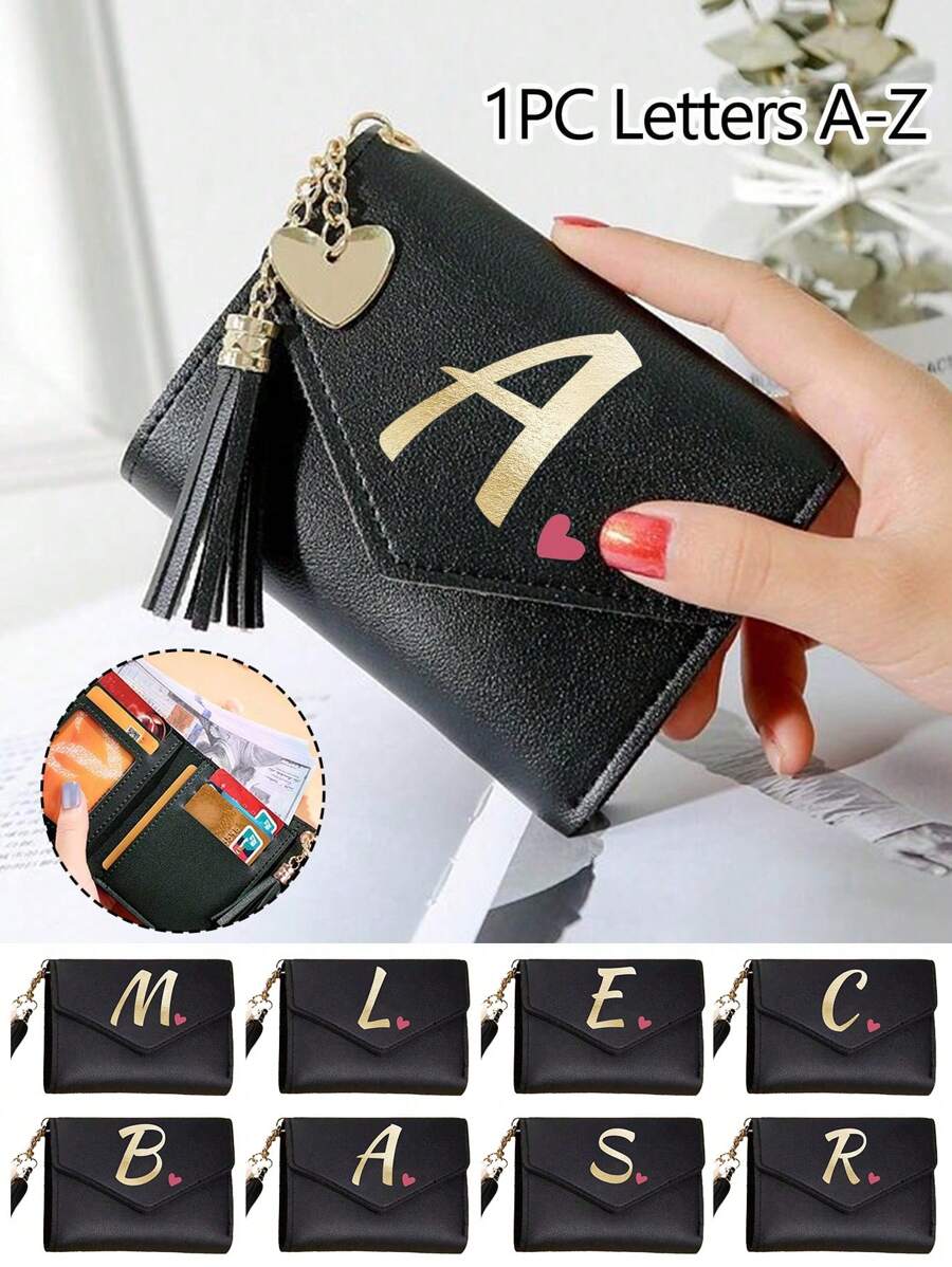 1pc Women's Folding Short Wallet, Black PU Leather Material, Printed With A-Z Letters And Pink Hearts, Cute Girl Coin Purse, Fashion Ladies Card Holder, Mini Tassel Wallet, Waterproof And Portable, Large Capacity, Can Hold Credit Cards, ID, Cash, Etc. - Black - View 1