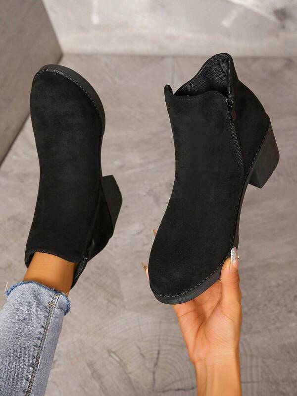 New Fashion Thick Sole Casual Short Boots, Anti-Slip Versatile Solid Color Short Boots With Zipper, Black Short Boots, Chunky Heel Short Boots, Chelsea Short Boots For Women