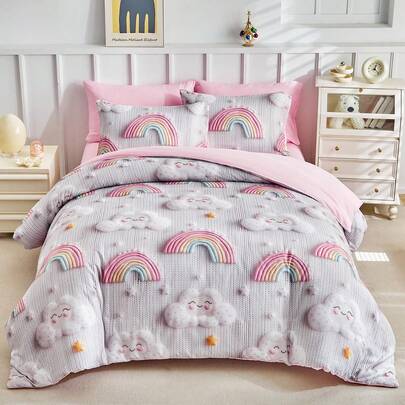 2/3 piezas Juego de ropa de cama con estampado digital de cielo arcoíris de dibujos animados, decoración de dormitorio de estilo campus rosa y lindo, suave y transpirable, lavable a máquina (1 funda nórdica + 1/2 funda de almohada, relleno no incluido), adecuado para todas las estaciones