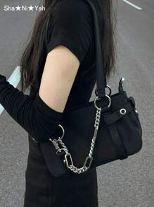 甜美酷炫辣妹金属链条装饰暗黑哥特风B2Y风朋克复古腋下单肩包