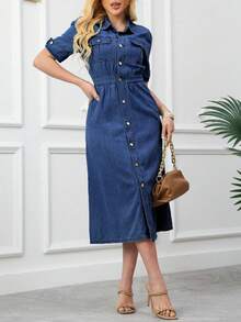 Ladies' Denim Skirt With Practical Pockets, Front Button Design, Casual Denim Skirt, Fashionable Daily Wear, Perfect For Summer And Spring. - 深色水洗藍 - 查看 2