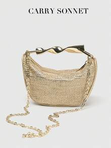 1个编织包，新款夏季设计，女士迷你斜挎拉链编织包，草编小巧休闲手提包，配金属手柄，是女士海滩、度假、假日、秋季、冬季的完美配饰，也是节日必备单品。 - 金色 - 查看 3