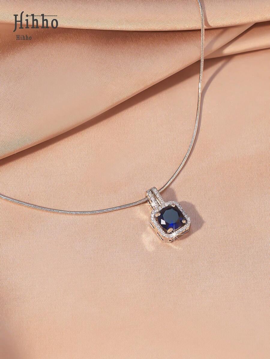Hihho 1 件优雅蓝宝石蓝色锆石镶嵌设计，精致女士项链搭配高端蛇骨链吊坠 - 銀色 - 查看 1