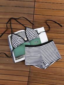 新款女士黑白条纹印花露背系带修身短裤性感简约比基尼套装 - 黑與白 - 查看 3