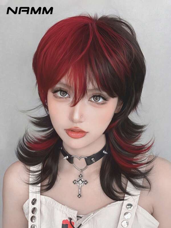NAMM 12-Inch Black Highlight Red Wolf Cut Short Wig With Bangs For Women Natural Looking Fluffy Very Soft Synthetic Heat Resistant Fiber Hair, Full Machine Beautiful Curly Wig For Girls Daily, Music Festival Party Street Wear, Cosplay Anime Or Costume Use(Natural Layered Texture & Lightweight)
