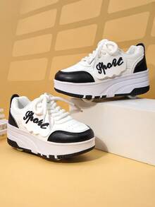 Kids' Roller Skate Shoes With 4 Wheels, Detachable Roller Skating Shoes, Lace-Up Heelys Sneakers, Fashion Casual Shoes For Boys And Girls - Black - View 6