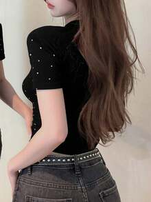 2025 New Summer Black Fitted Rhinestone Decor Short T-Shirt For Women Casual - Black - View 7