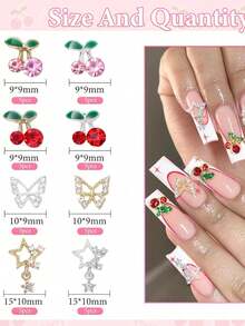 40个合金美甲饰品，银色金色3D蝴蝶、星星、樱桃、闪亮水钻美甲贴 - 彩色 - 查看 3