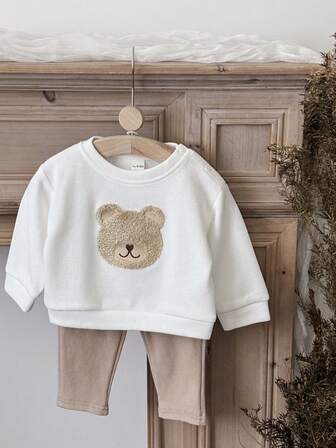 2pcs/Set Baby Boy Casual Cute Bear Embroidered Long Sleeve Sweatshirt And Long Pants Set, Spring/Autumn