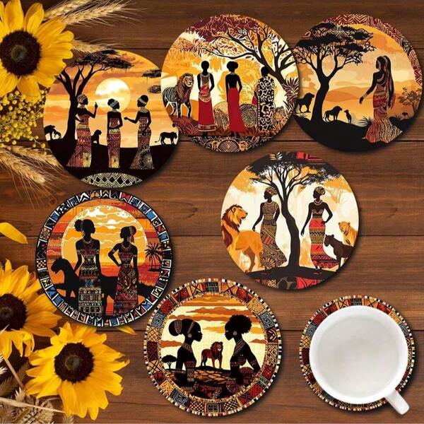 Paquete de 6 posavasos de madera africana con base de corcho, con impresión 2D del atardecer de la sabana africana con silueta de leona, ideal para decoración del hogar, bar y restaurante, regalos de Navidad
