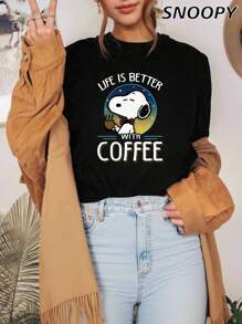 Life Is Bftter With Coffee Summer Casual And Versatile T-Shirt  Women's Crew Neck Short Sleeve Loose Knit Simple Basics - Black - View 3