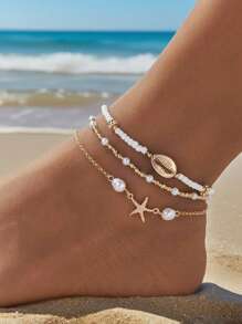 Set da 3 cavigliere estive alla moda con perline a forma di stella marina e conchiglia, versatili per uso quotidiano, spiaggia, feste, regalo