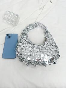 1个绗缝拉链PVC亮片新月形手提包，时尚设计亮片托特包，女士晚宴派对时尚手拿包，容量大，闪亮亮片包，适合女士参加宴会和派对，亮片 - 銀色 - 查看 10