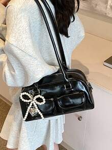 Hatastic Bolso de mano de mujer con múltiples bolsillos, bolso de gran capacidad para ir al trabajo, adecuado para usar en primavera/verano, festivales de música, asistir a fiestas, regalo (incluye colgante), bolso de estilo callejero y japonés para mujeres, regalo de Navidad - Negro - Ver 9