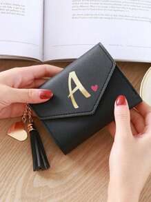 1pc Women's Folding Short Wallet, Black PU Leather Material, Printed With A-Z Letters And Pink Hearts, Cute Girl Coin Purse, Fashion Ladies Card Holder, Mini Tassel Wallet, Waterproof And Portable, Large Capacity, Can Hold Credit Cards, ID, Cash, Etc. - Black - View 5