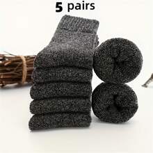 Cozy Soft 5 Pairs Men's Thick Wool Blend Socks - Mid-Calf Winter Socks In Solid Colors - Soft & Warm For Casual Or Cold Weather, Quality Fabric Socks, Giftready Packaging, Cute Socks (Dark Gray, Light Blue, Brown, Navy Blue, Beige, White)