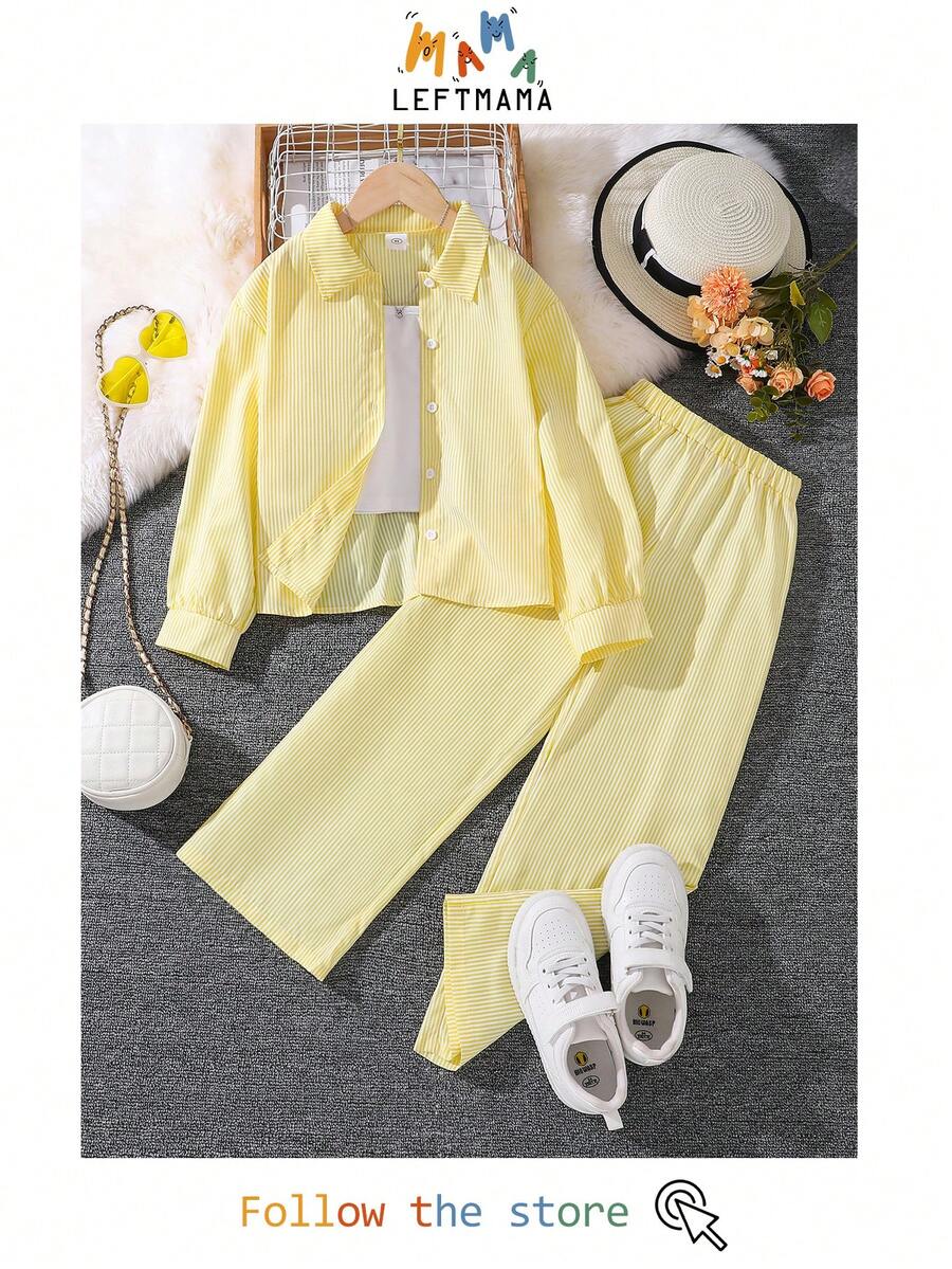 Left Mama 2pcs/Set Tween Girl Autumn New Collared Long Sleeve Shirt Top And Pants - Yellow - View 1