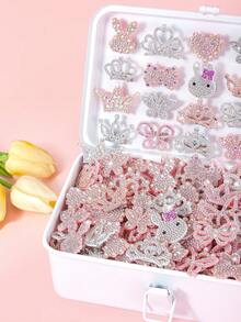 20pcs Random Pink & White Cute Rhinestone Hollow Non-Woven Fabric Hair Clips, Elegant Sparkling Side Bangs Clips, Suitable For Girls Daily, Party, Outing, Including Crown, Rabbit, Heart, Butterfly, Bow Designs, Dreamy Pink & White Color Scheme, Create Fairy Tale Style For Girls - Multicolor - View 9