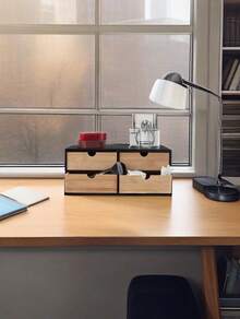 Bamboo Desk Organizer – 4 Wide Drawers, 13.5x33x21 Cm, Black MDF Body, Space-Saving, Modern - Natural e Preto - 查看 2