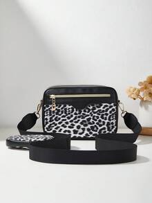 1 pieza Bolso pequeño para niñas con patrón de olas y letras en relieve, billetera para teléfono y monedero - Leopardo blanco y negro - Ver 3