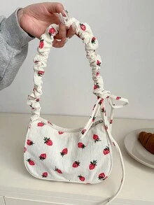 1个可爱草莓印花女童单肩包，抽绳设计，儿童休闲包，零钱包，多功能轻便便携，拉链封口，适合日常收纳、旅行、购物、儿童户外活动、超市购物、节日礼物、送给女儿的礼物，时尚灯芯绒清新甜美休闲包，钥匙扣，适合儿童、学生、女孩、青少年、闺蜜旅行配件 - 彩色 - 查看 6