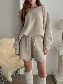 2件套针织卷边毛衣和宽松针织短裤套装，休闲 - 卡其色 - 查看 1
