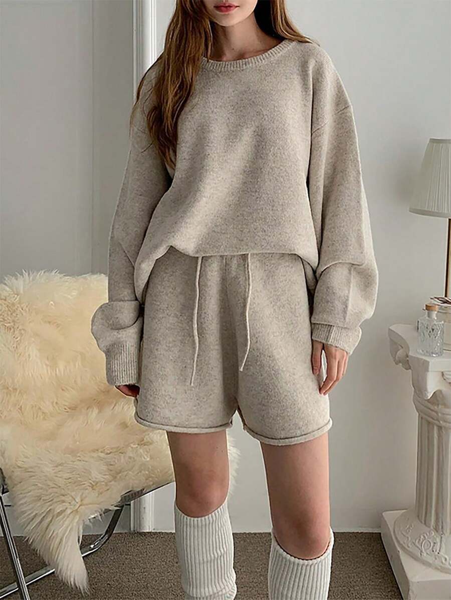 2件套针织卷边毛衣和宽松针织短裤套装，休闲 - 卡其色 - 查看 1