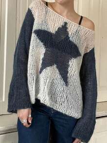 Women's Autumn Loose Sweater Contrast Color Star Pattern Long Sleeve Boat Neck Knitwear Pullover - Dark Grey - View 1