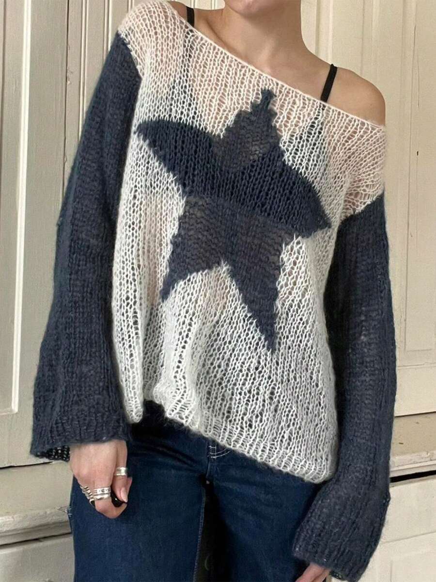 Women's Autumn Loose Sweater Contrast Color Star Pattern Long Sleeve Boat Neck Knitwear Pullover - Dark Grey - View 1