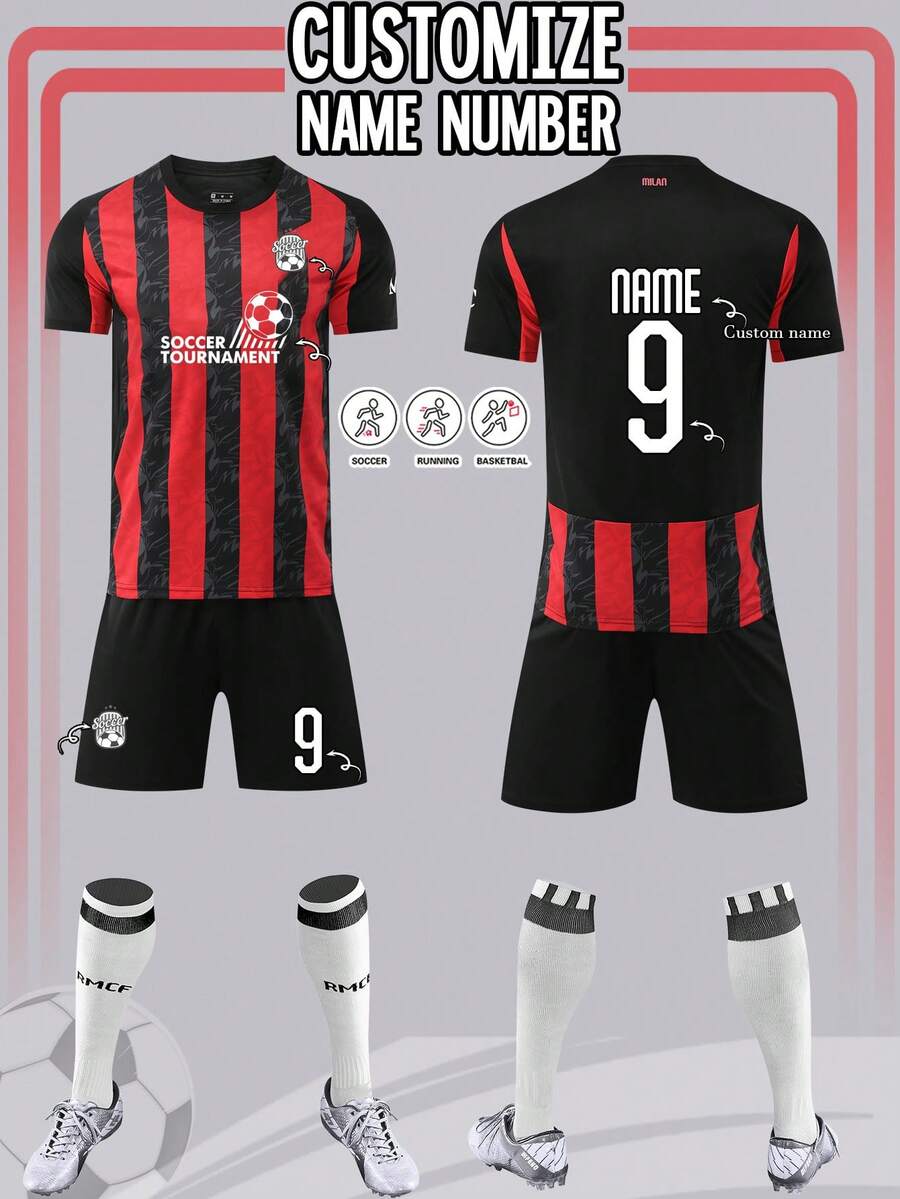 2pcs Personalized Football Jersey, AC Milan Football Uniform For Men, Customized Sports Suit, Running Set, T-Shirt Set, Suitable For Football, Badminton, Basketball - Black - View 1