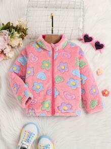 女童彩色花卉图案立领拉链保暖毛绒夹克，配有松紧袖口和下摆，适合春、秋、冬季