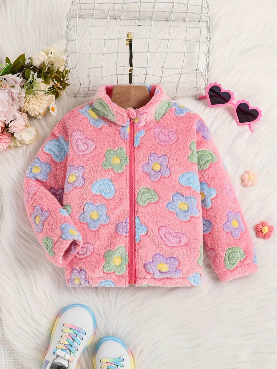 女童彩色花卉图案立领拉链保暖毛绒夹克，配有松紧袖口和下摆，适合春、秋、冬季