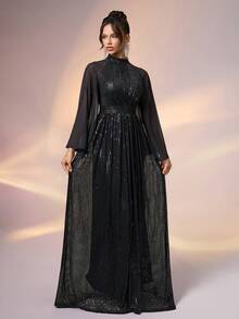 Elisanya 女士正式宴会优雅高领亮片撞色雪纺喇叭袖晚礼服长裙舞会礼服婚礼宾客毕业晚宴 - 黑色 - 查看 4