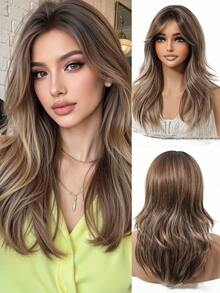 This 20-Inch Long, Wavy Brown Synthetic Wig With Long Curly Blonde Hair In The Middle Is A Cosplay Wig For Women's Daily Gatherings. It Is Suitable For Daily Wear During Holidays, Travels, Family Gatherings, And As A Gift For Halloween And Christmas - 挑染棕色 - 查看 9