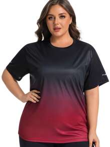 1件女士加大码渐变色数码印花宽松运动短袖T恤，适合跑步、瑜伽、健身、户外、休闲、度假等场合，圆领套头衫，尺码：0XL、1XL、2XL、3XL、4XL、5XL