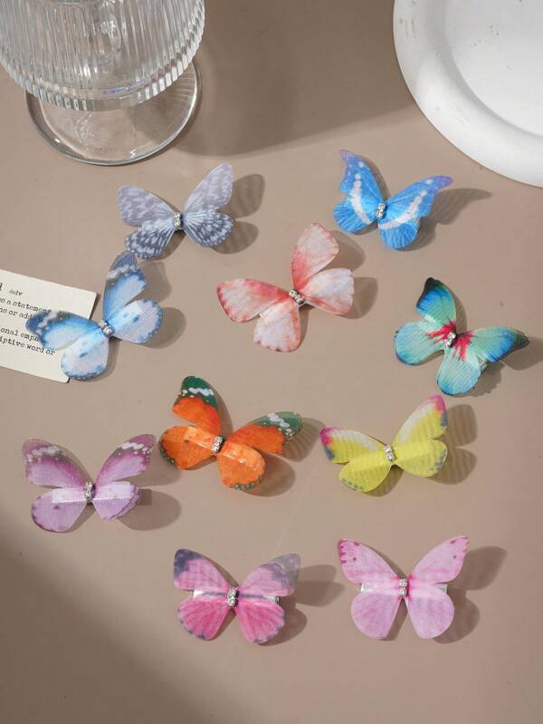 10pcs Colorful Faux Crystal Mesh Butterfly Mini Hair Clips, Bohemian Style Sweet Hair Accessories For Women, Suitable For Hawaii Beach, Party, Birthday, Photography, Claw Clips, Hair Claws, Hair Slide, Hair Barrettes