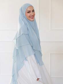1 件朴素飘逸雪纺 Khimar | 光滑轻盈的雪纺，讨人喜欢的面部遮盖，全覆盖，穿着舒适，优雅适合日常、外出和祈祷 - 天藍色 - 查看 3